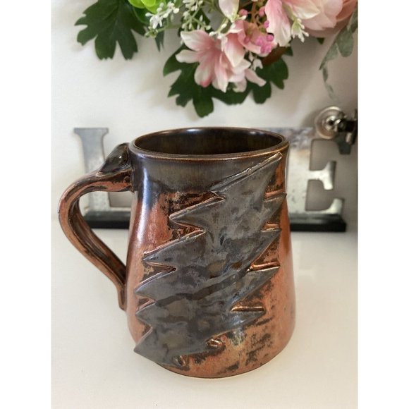 Vintage 1970s Lighting Bolt Brown Ceramic Cup Hand Made Painted‎ Rustic Unique - Picture 9 of 16
